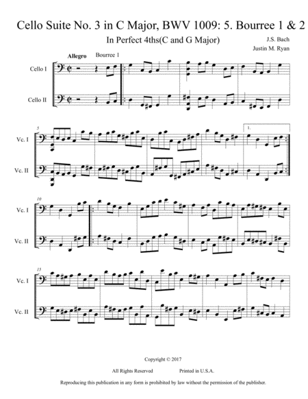 Free Sheet Music Cello Suite No 3 Bwv 1009 5 Bourree 1 2