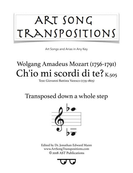 Ch Io Mi Scordi Di Te K 505 Transposed Down A Whole Step Sheet Music