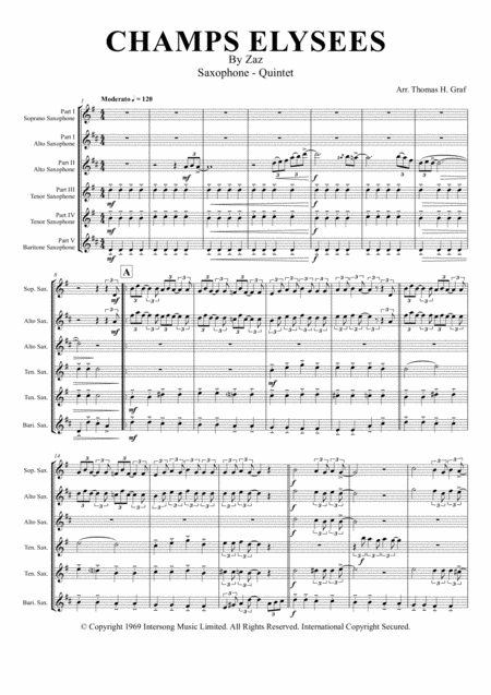 Champs Elysees Zaz Saxophone Quintet Sheet Music