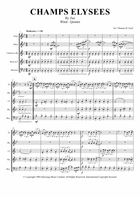 Champs Elysees Zaz Wind Quintet Sheet Music