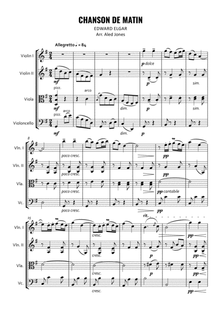 Chanson De Matin For String Quartet Sheet Music