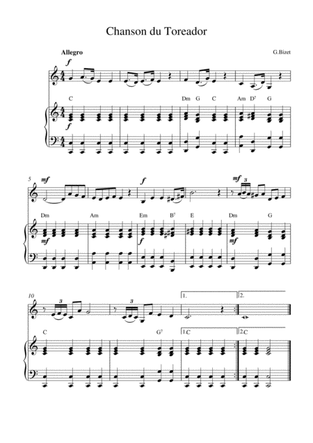 Free Sheet Music Chanson Du Toreador