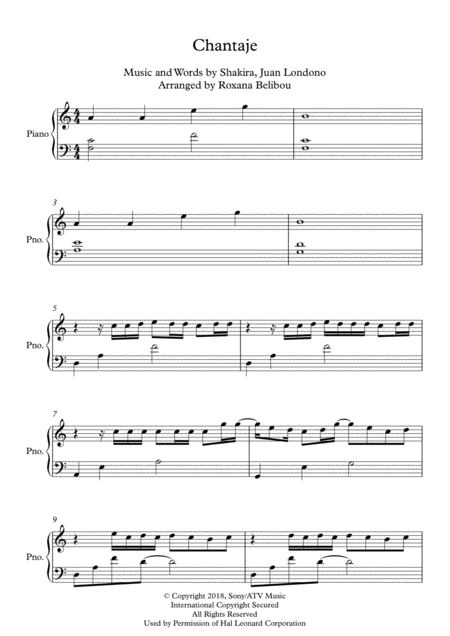 Chantaje A Minor By Shakira Piano Sheet Music