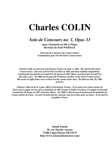 Charles Colin Solo De Concours No 1 Opus 33 Arranged For Bb Clarinet And Piano Sheet Music