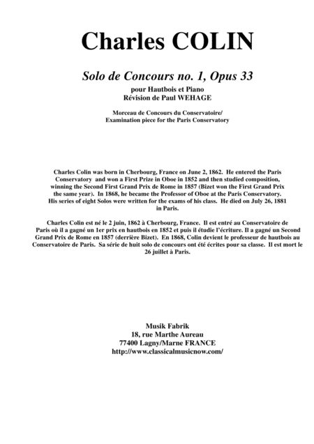 Charles Colin Solo De Concours No 1 Opus 33 For Oboe And Piano Sheet Music