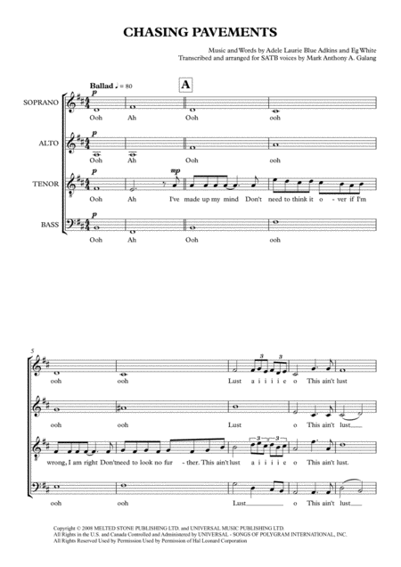 Chasing Pavements Adele Acapella Arrangement Sheet Music