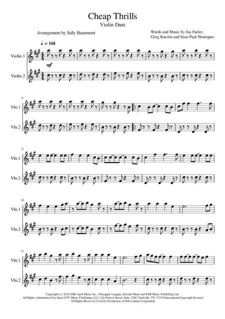 Cheap Thrills Violin Duet Sheet Music