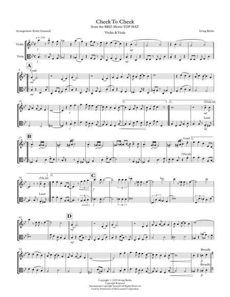 Free Sheet Music Cheek To Cheek Violin Viola Duet 1930s