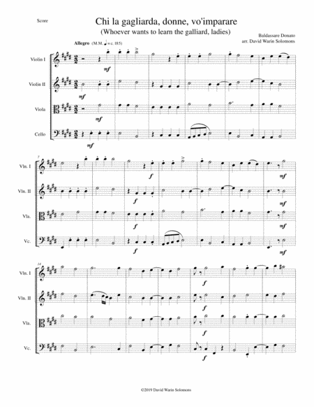 Chi La Gagliarda Whoever Wants To Learn The Galliard Arranged For String Quartet Sheet Music