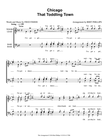 Free Sheet Music Chicago That Toddling Town Ttbb Barbershop A Cappella