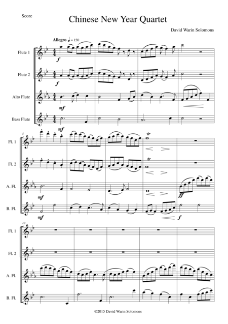 Free Sheet Music Chinese New Year Celebration For Flute Quartet Lower Version