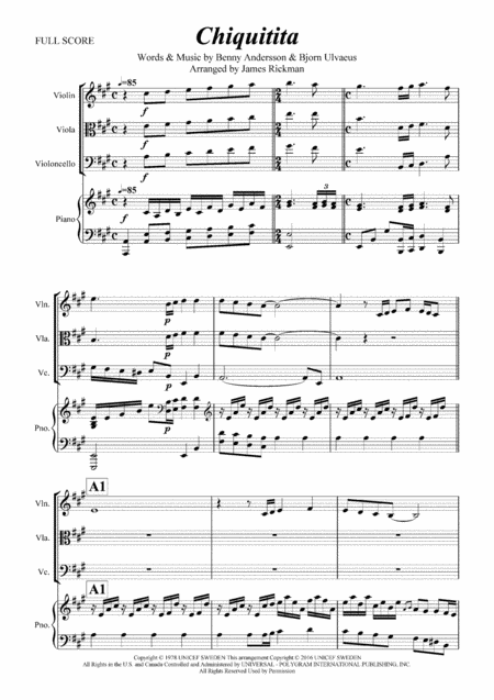 Chiquitita Abba For Piano Quartet Piano Violin Viola Cello Full Score Parts Sheet Music