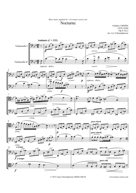 Chopin Nocturne Op 09 No 2 2 Cellos Eb Sheet Music