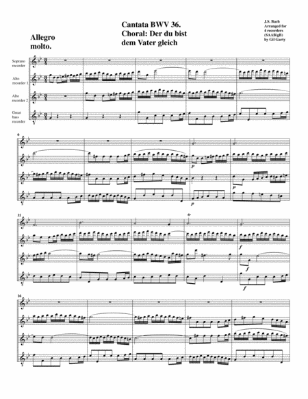 Choral Der Du Bist Dem Vater Gleich From Cantata Bwv 36 Arrangement For 4 Recorders Sheet Music