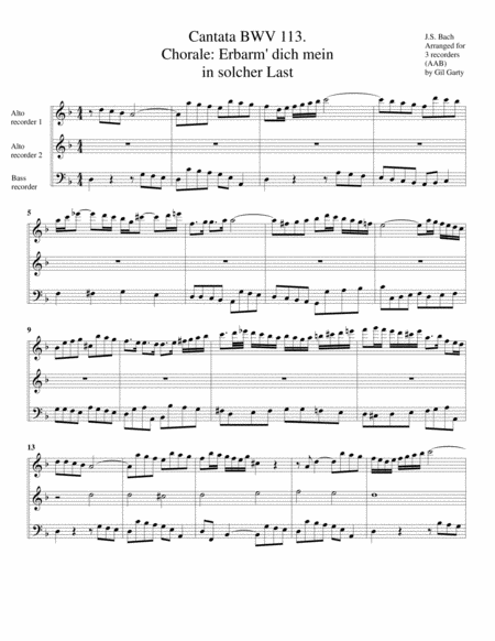 Chorale Erbarm Dich Mein In Solcher Last From Cantata Bwv 113 Arrangement For 3 Recorders Sheet Music