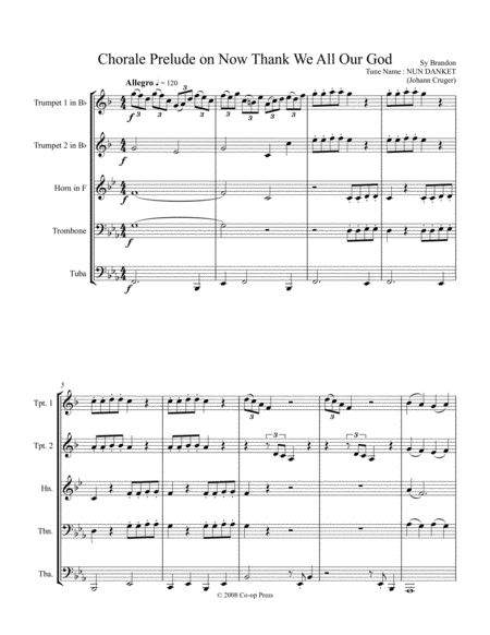 Free Sheet Music Chorale Prelude Now Thank We All Our God For Brass Quintet