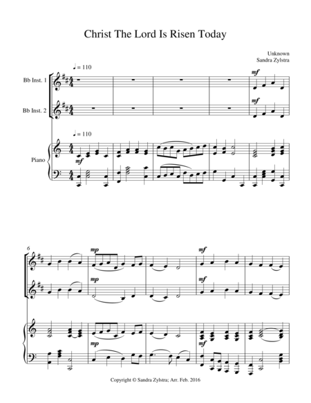 Free Sheet Music Christ The Lord Is Risen Today Treble Bb Instrument Duet