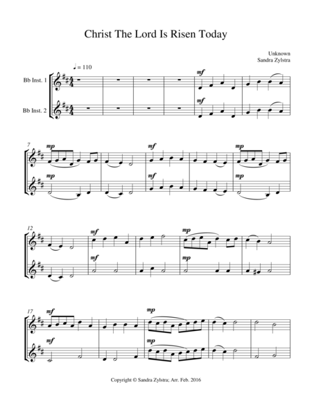 Christ The Lord Is Risen Today Treble Bb Isntrument Duet Parts Only Sheet Music