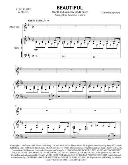 Free Sheet Music Christina Aguilera Beautiful For Alto Flute Piano