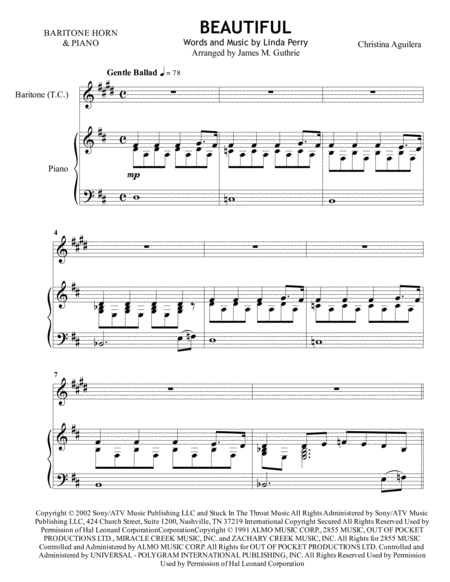 Free Sheet Music Christina Aguilera Beautiful For Baritone Horn Piano