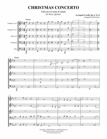 Christmas Concerto Op 6 No 8 For Brass Quintet Sheet Music