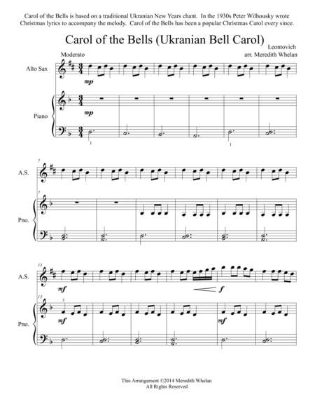Free Sheet Music Christmas Duets For Alto Saxophone Piano Carol Of The Bells Ukranian Bell Carol