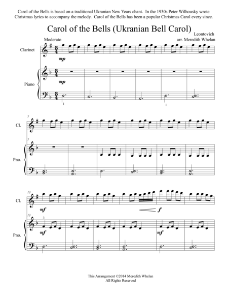 Free Sheet Music Christmas Duets For Clarinet Piano Carol Of The Bells Ukranian Bell Carol