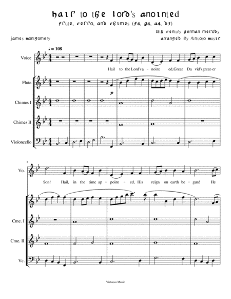 Christmas Hymn Hail To The Lords Anointed Easy Chimes Flute Cello Arrangement Sheet Music