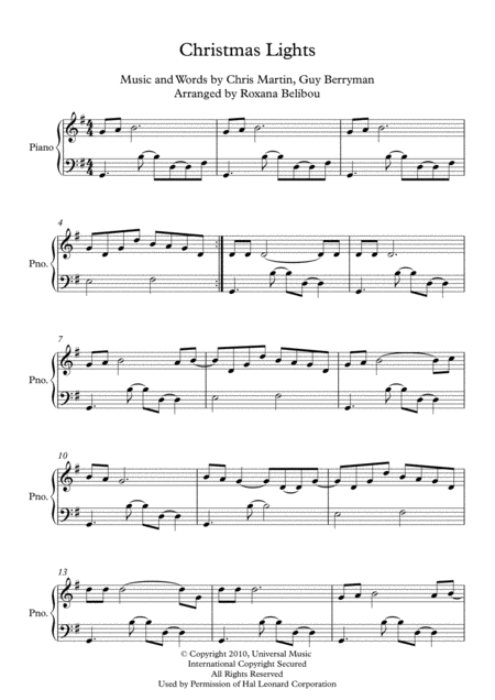 Free Sheet Music Christmas Lights By Coldplay Piano