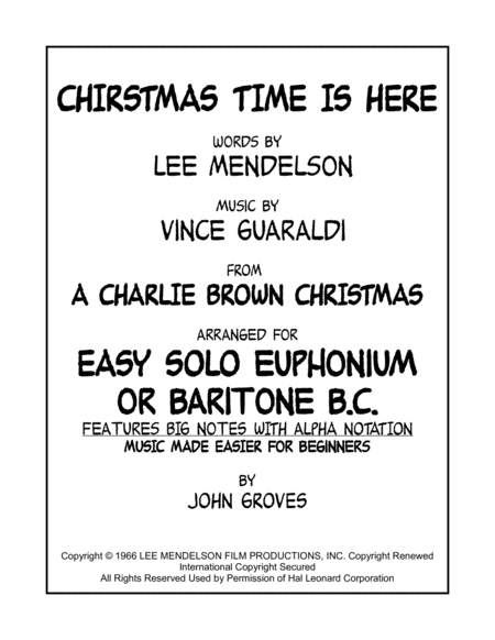 Free Sheet Music Christmas Time Is Here Easy Solo Euphonium Baritone B C