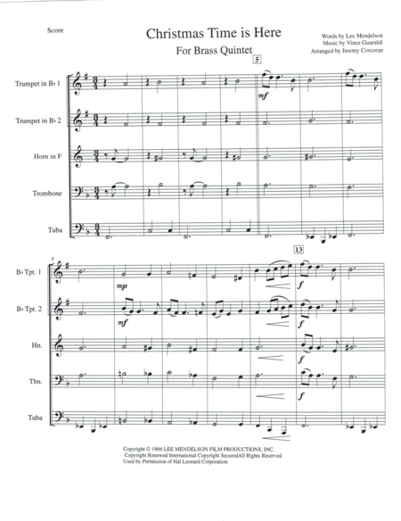 Christmas Time Is Here For Brass Quintet Sheet Music