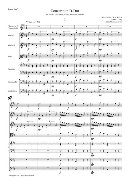 Free Sheet Music Christoph Graupner Concerto In D Trumpet In D Strings And Continuo