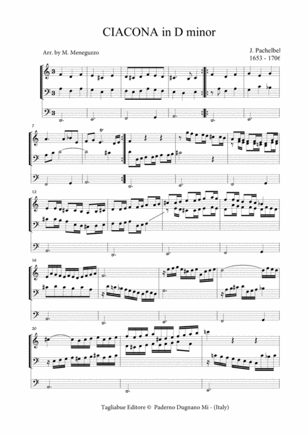 Ciacona In D Minor Pachelbel For Organ 3 Staff Sheet Music