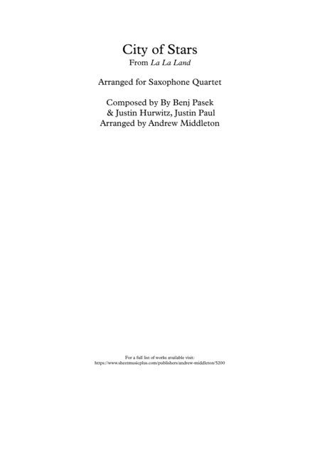 Free Sheet Music City Of Stars Arranged For Saxophone Quartet