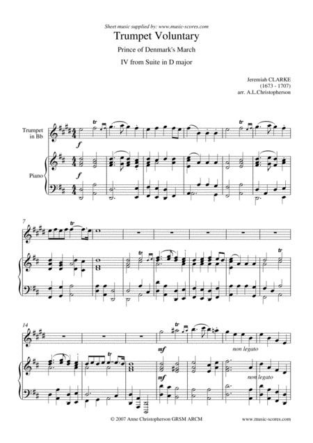 Free Sheet Music Clarke Trumpet Voluntary Or Prince Of Denmarks March Clarinet And Piano