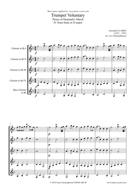 Clarke Trumpet Voluntary Or Prince Of Denmarks March Clarinet Quintet Sheet Music