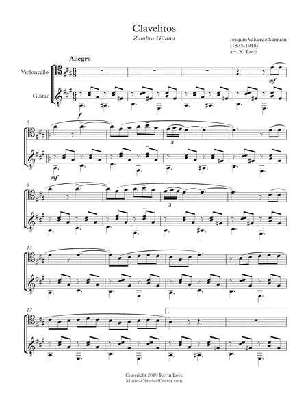 Free Sheet Music Clavelitos Cello And Guitar Score And Parts