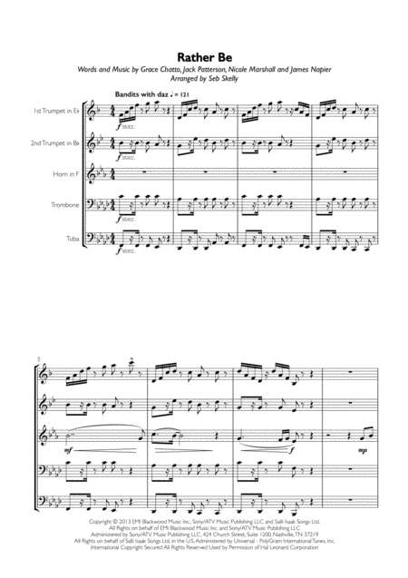 Clean Bandit Rather Be For Brass Quintet Sheet Music