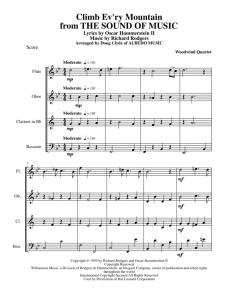 Climb Ev Ry Mountain From The Sound Of Music For Woodwind Quartet Sheet Music