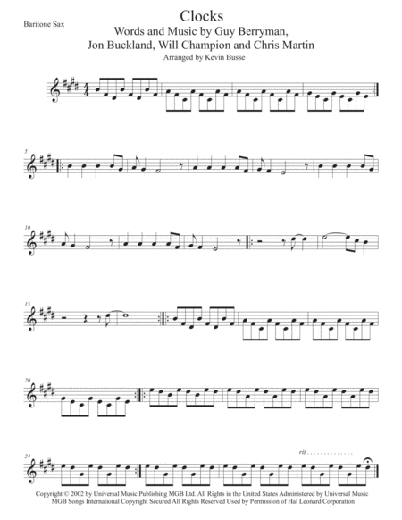 Free Sheet Music Clocks Bari Sax