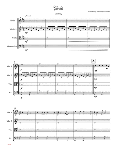 Clocks By Coldplay String Quartet Sheet Music