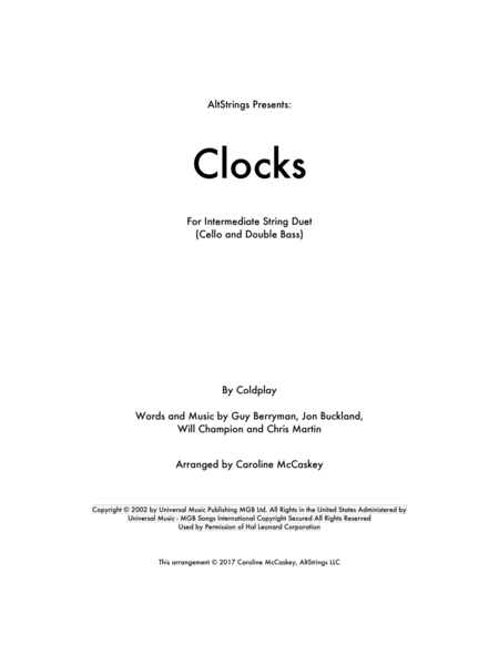 Clocks Cello And Double Bass Duet Sheet Music