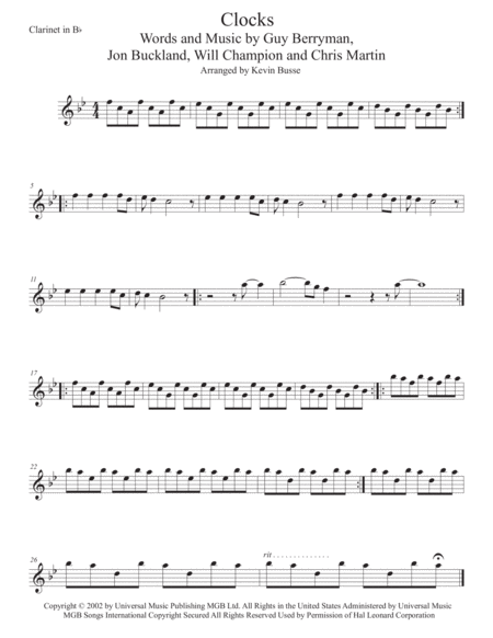 Clocks Original Key Clarinet Sheet Music