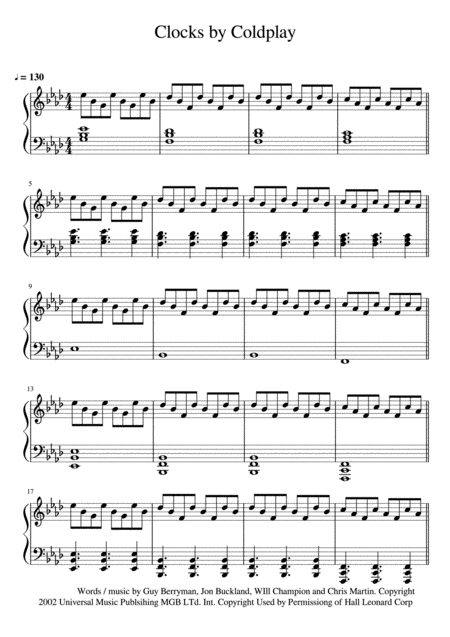 Clocks Pianoeasy Arr Sheet Music