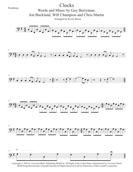 Clocks Trombone Sheet Music