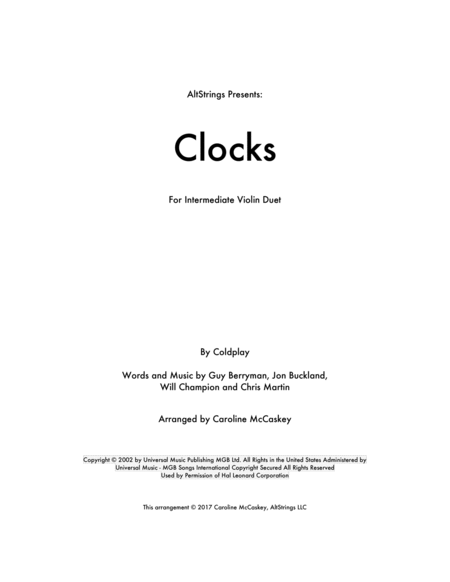 Clocks Violin Duet Sheet Music