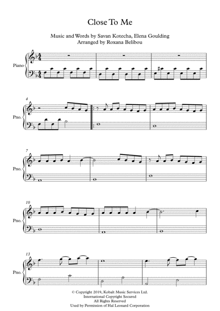 Close To Me F Major By Ellie Goulding Diplo Swae Lee Easy Piano Sheet Music