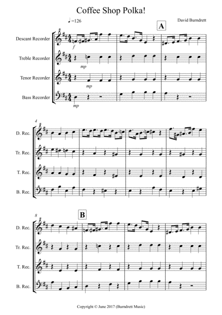 Free Sheet Music Coffee Shop Polka For Recorder Quartet