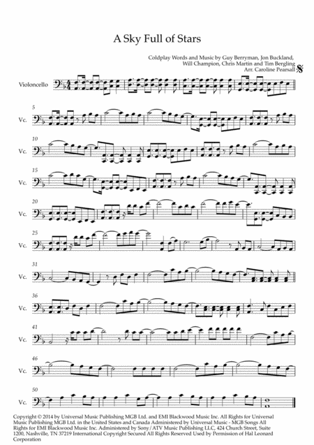 Coldplay A Sky Full Of Stars Cello Solo Sheet Music