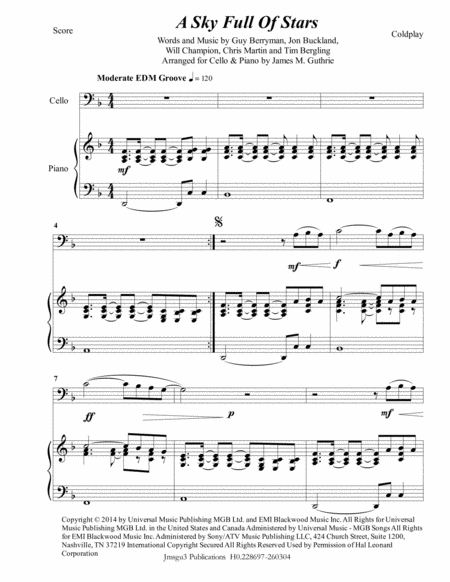 Free Sheet Music Coldplay A Sky Full Of Stars For Cello Piano